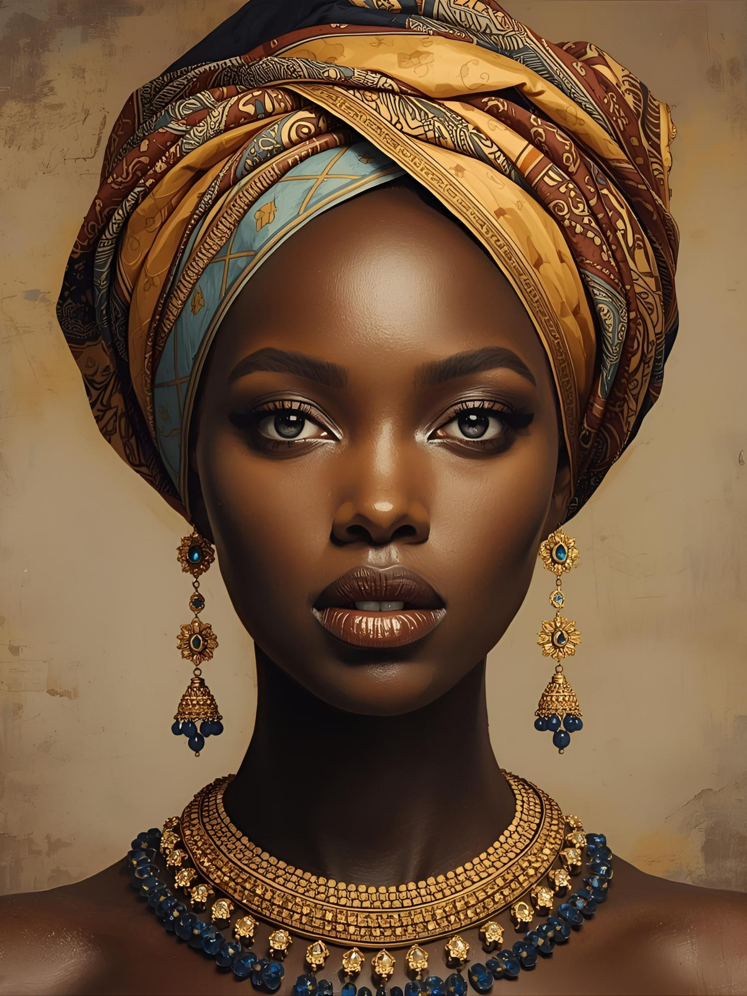 Portrait of a woman wearing a patterned headwrap, ornate gold necklace and blue dangling earrings against brown background.