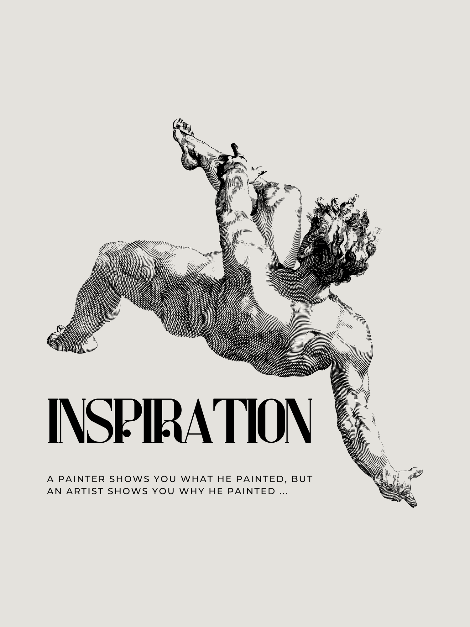 Black and white artistic illustration of a muscular figure falling backwards with text about inspiration and painting below.