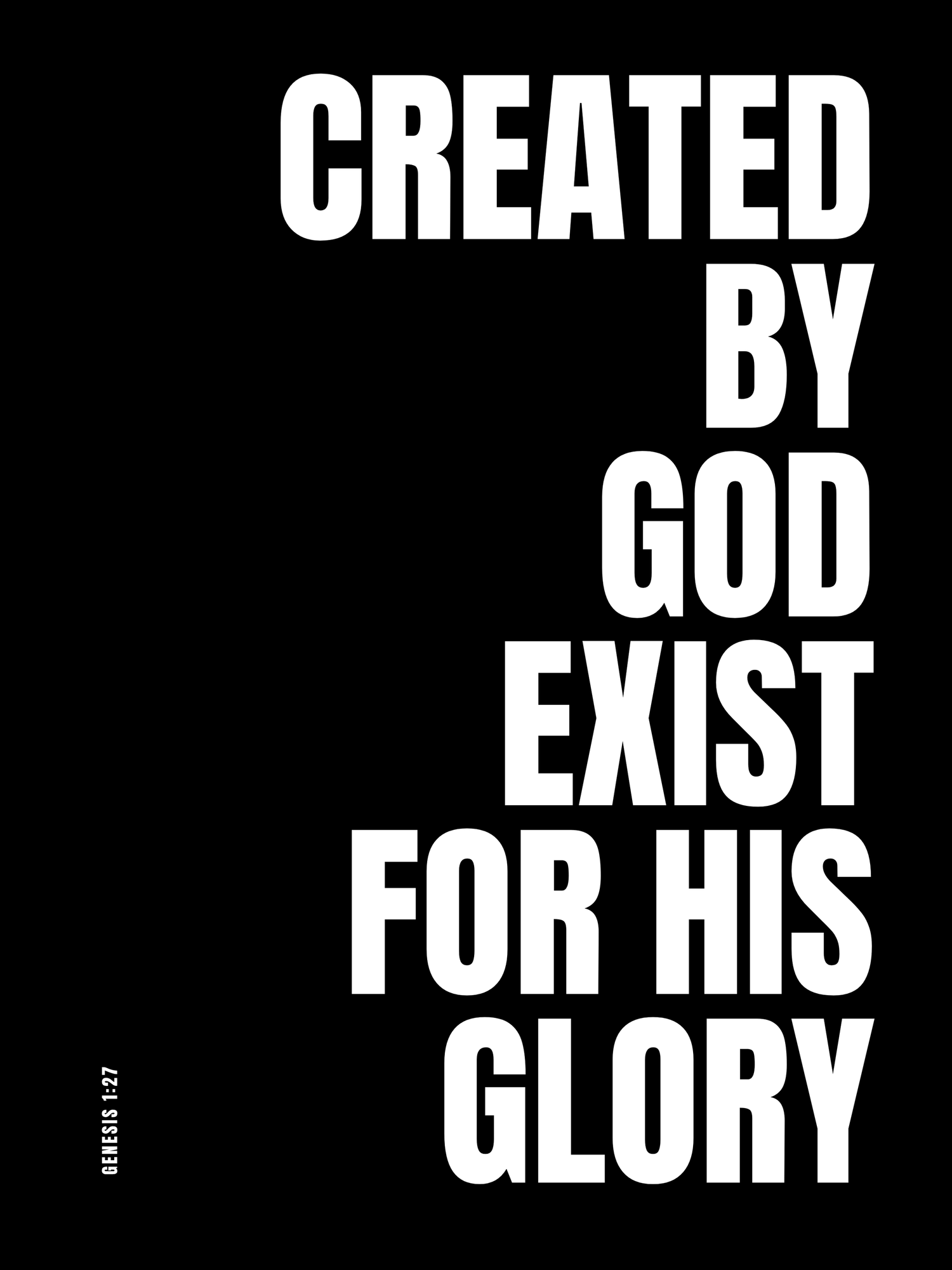 Bold white text on black background reads 'Created by God for His Glory' in a modern typographic layout.