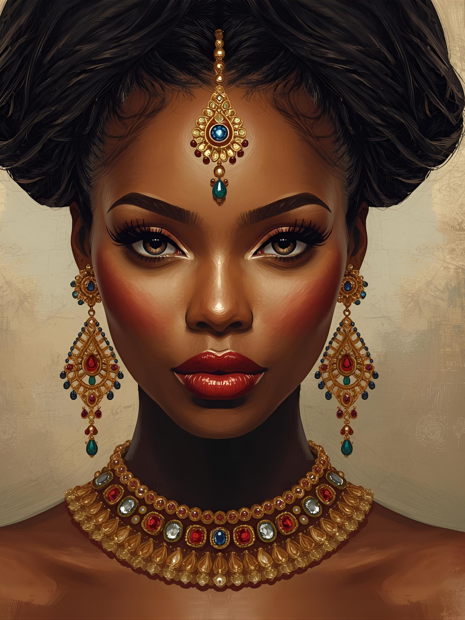 Digital art illustration showing ornate traditional Indian bridal jewelry with colorful gemstones and gold details.