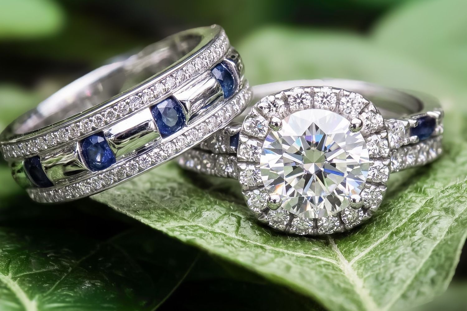 Two elegant white gold rings with diamonds and blue sapphires resting on green leaves.