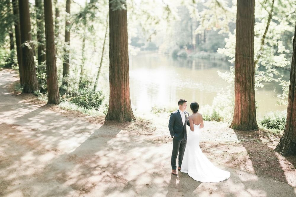 Bride and groom stand among tall trees by a sunlit lake, sharing a romantic moment in a lush forest setting.
