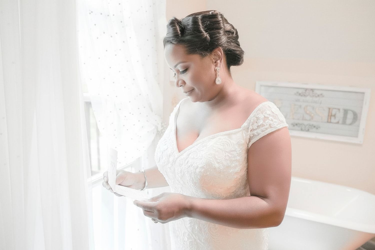 Bride in lace wedding gown reading a note by a bright window on her wedding day.