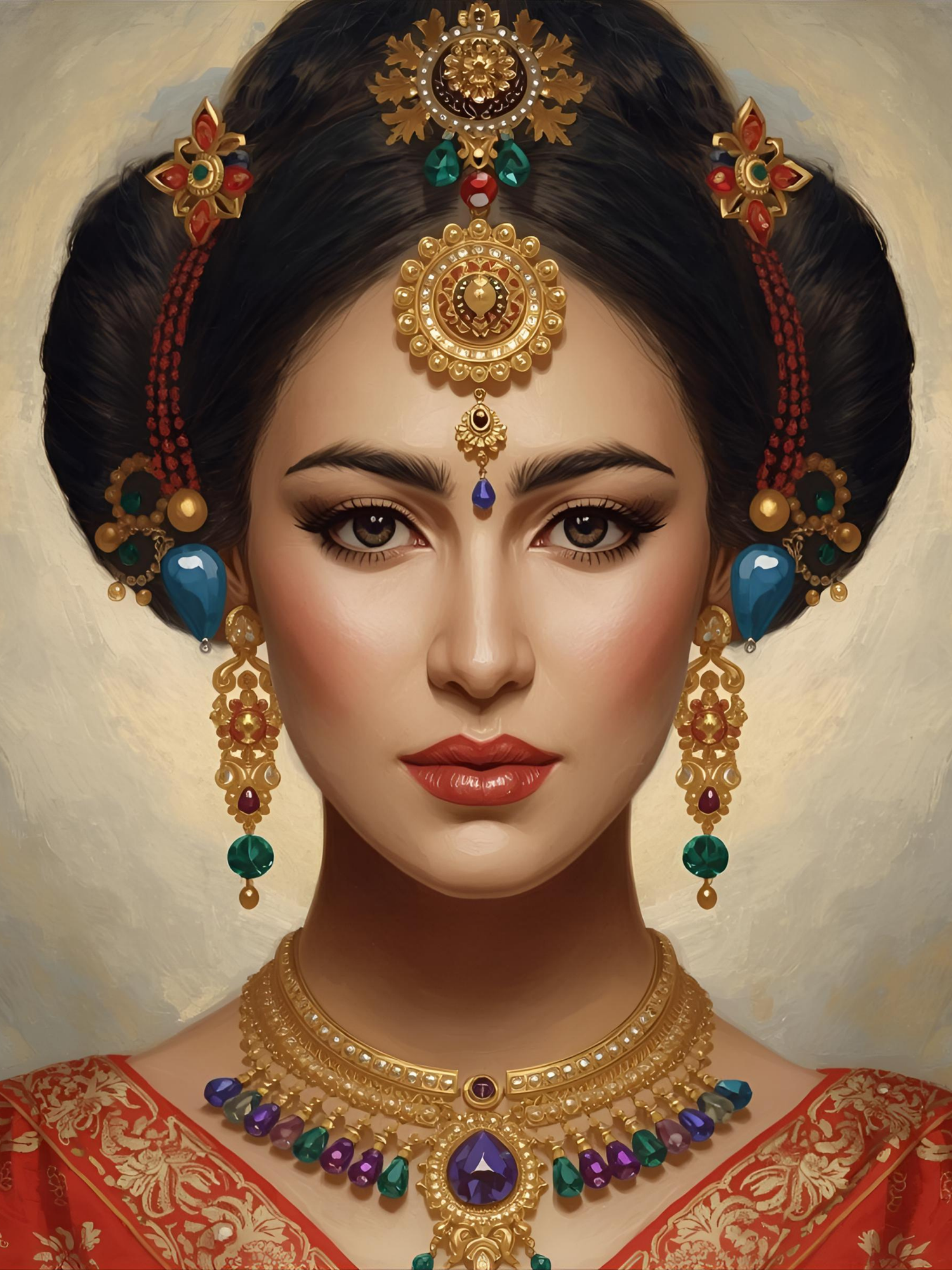 Traditional Indian bridal portrait showcasing ornate gold jewelry, red attire and dramatic makeup in a classic style.