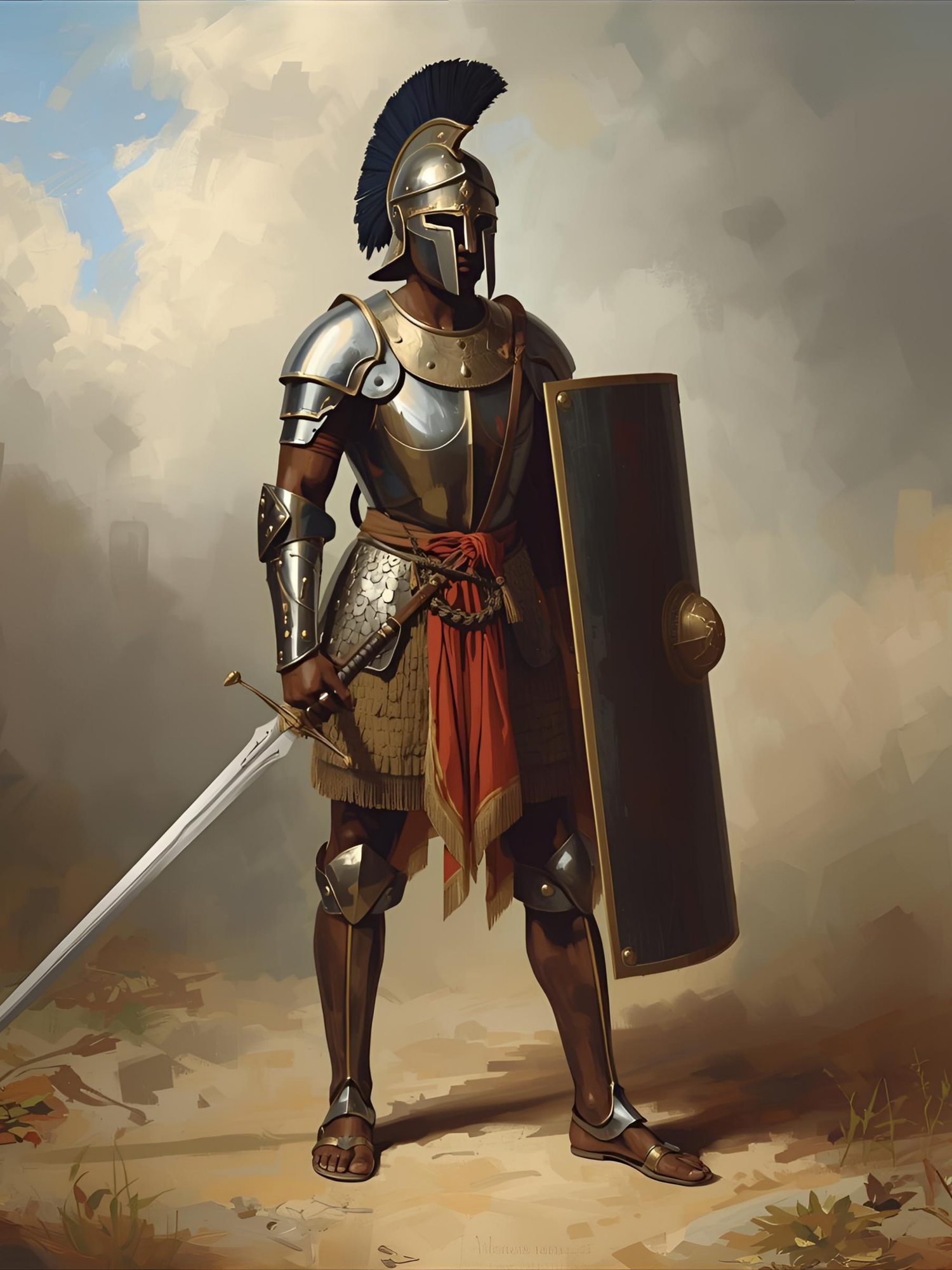 A medieval warrior in shining armor stands ready for battle with a sword and shield against a cloudy sky background.