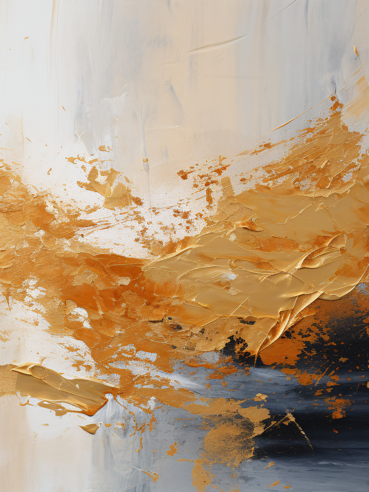Abstract art painting with dynamic orange and blue brushstrokes creating a dramatic horizontal movement across white canvas.