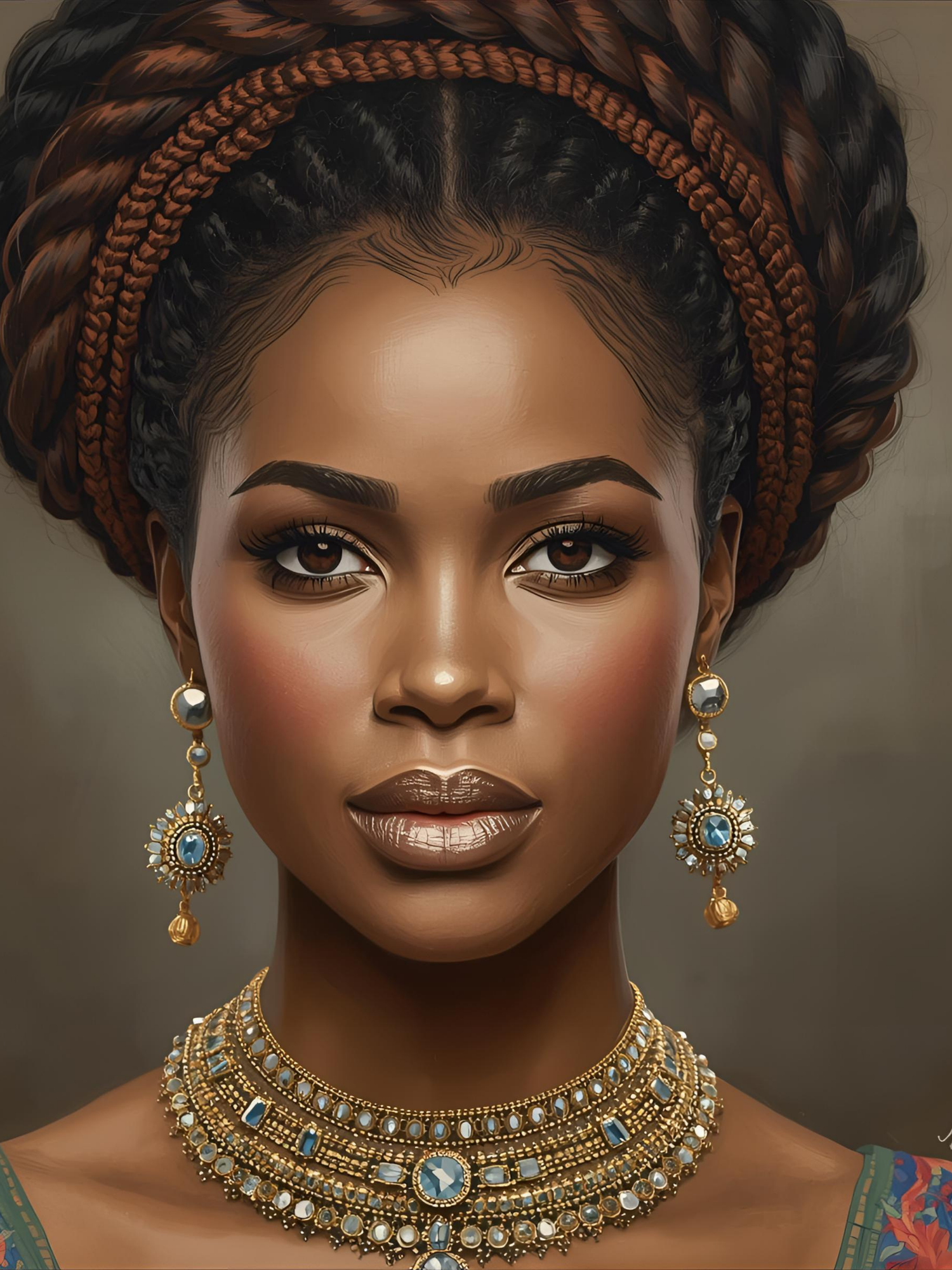 Portrait showcasing ornate gold jewelry, braided crown hairstyle, and rich brown makeup tones in a glamorous beauty shot.