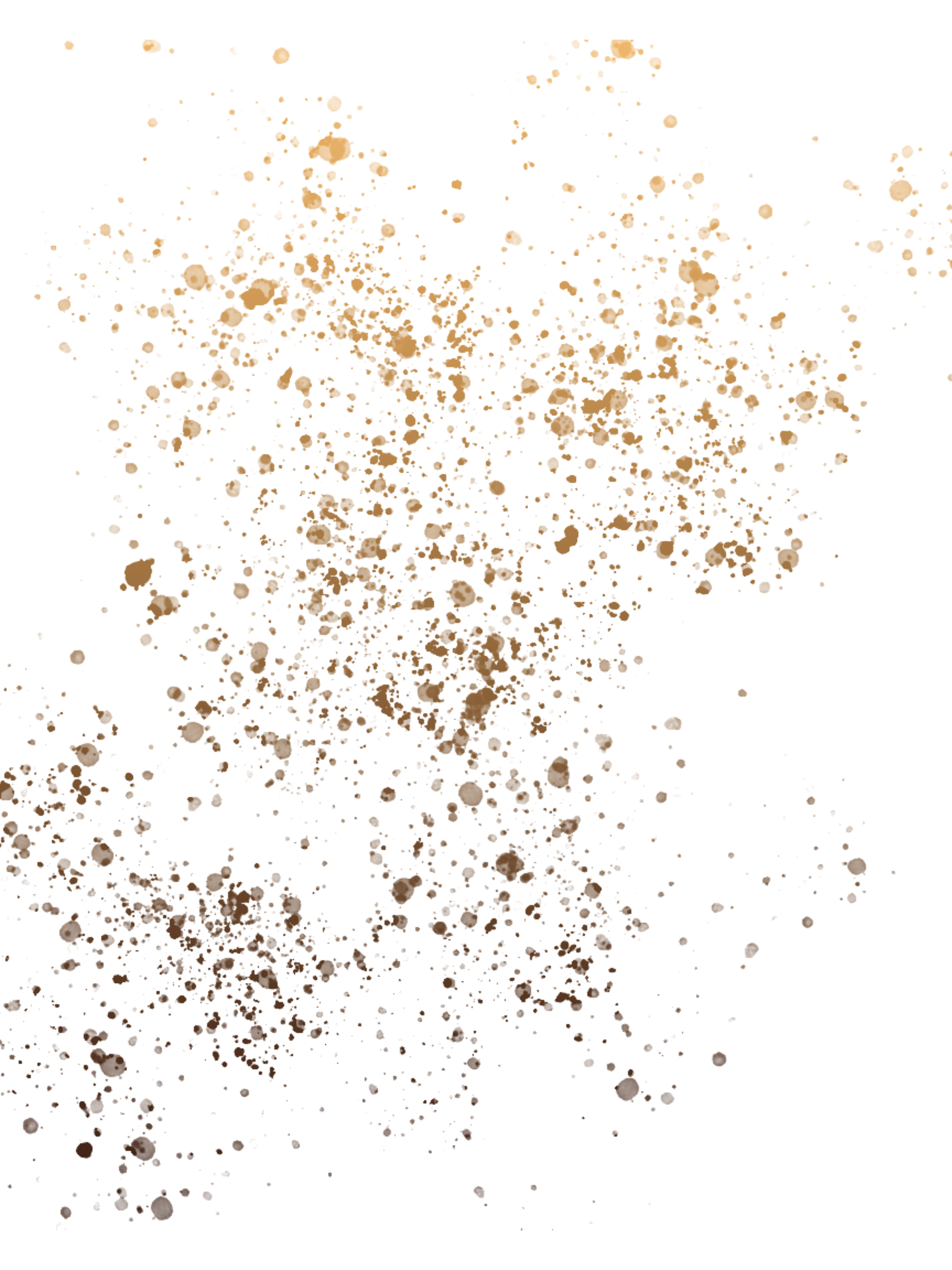 Gold paint splatters and dots scattered on a white background.