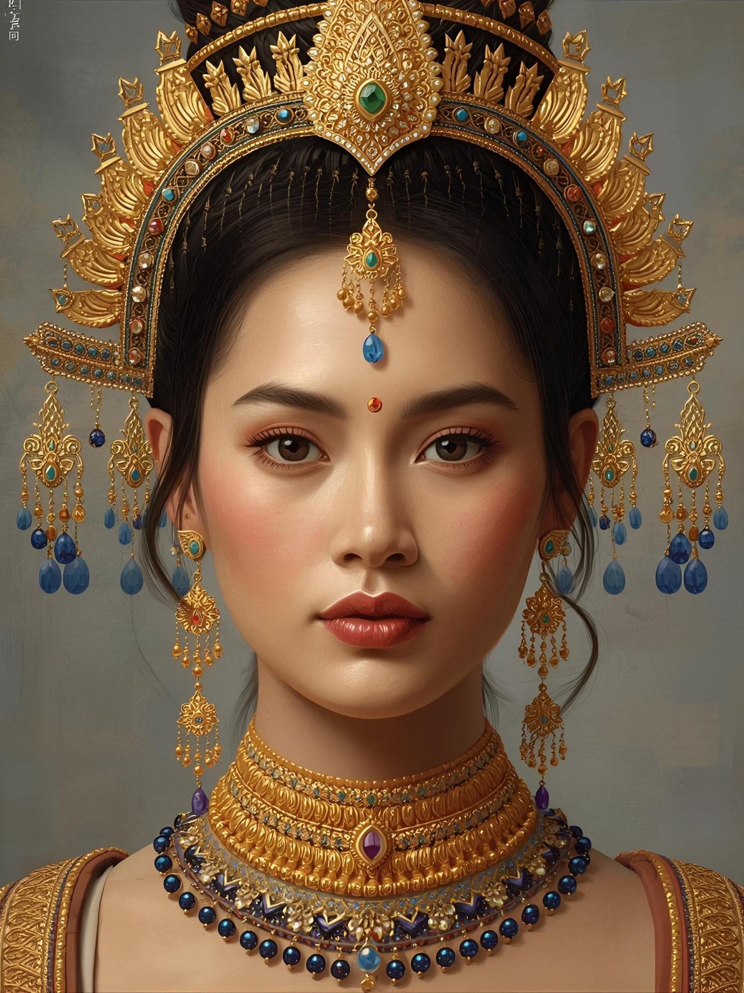 Ornate golden traditional Indonesian or Thai headdress with blue gemstones and intricate metalwork details.