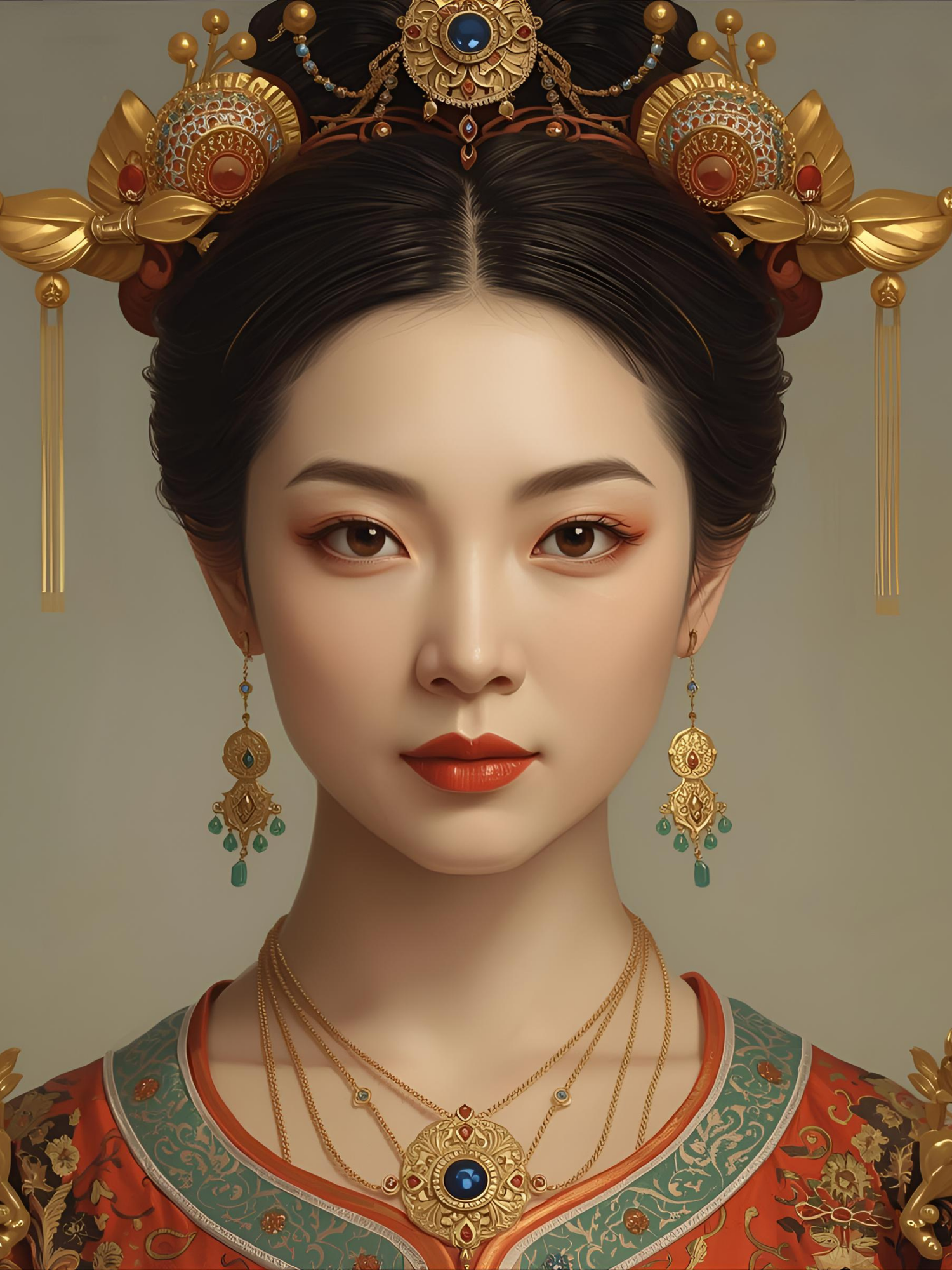 Traditional Asian-inspired digital artwork features ornate golden headpiece with jewels and tassels against neutral background.