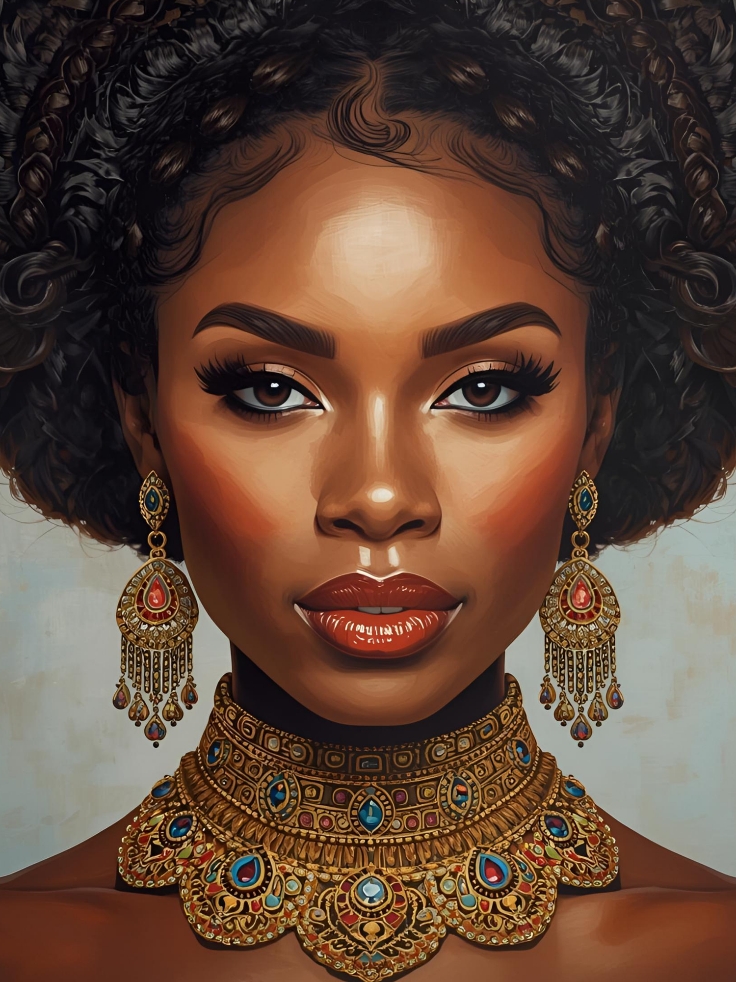 Digital art portrait showcasing ornate gold and turquoise jewelry with intricate details and rich textures.