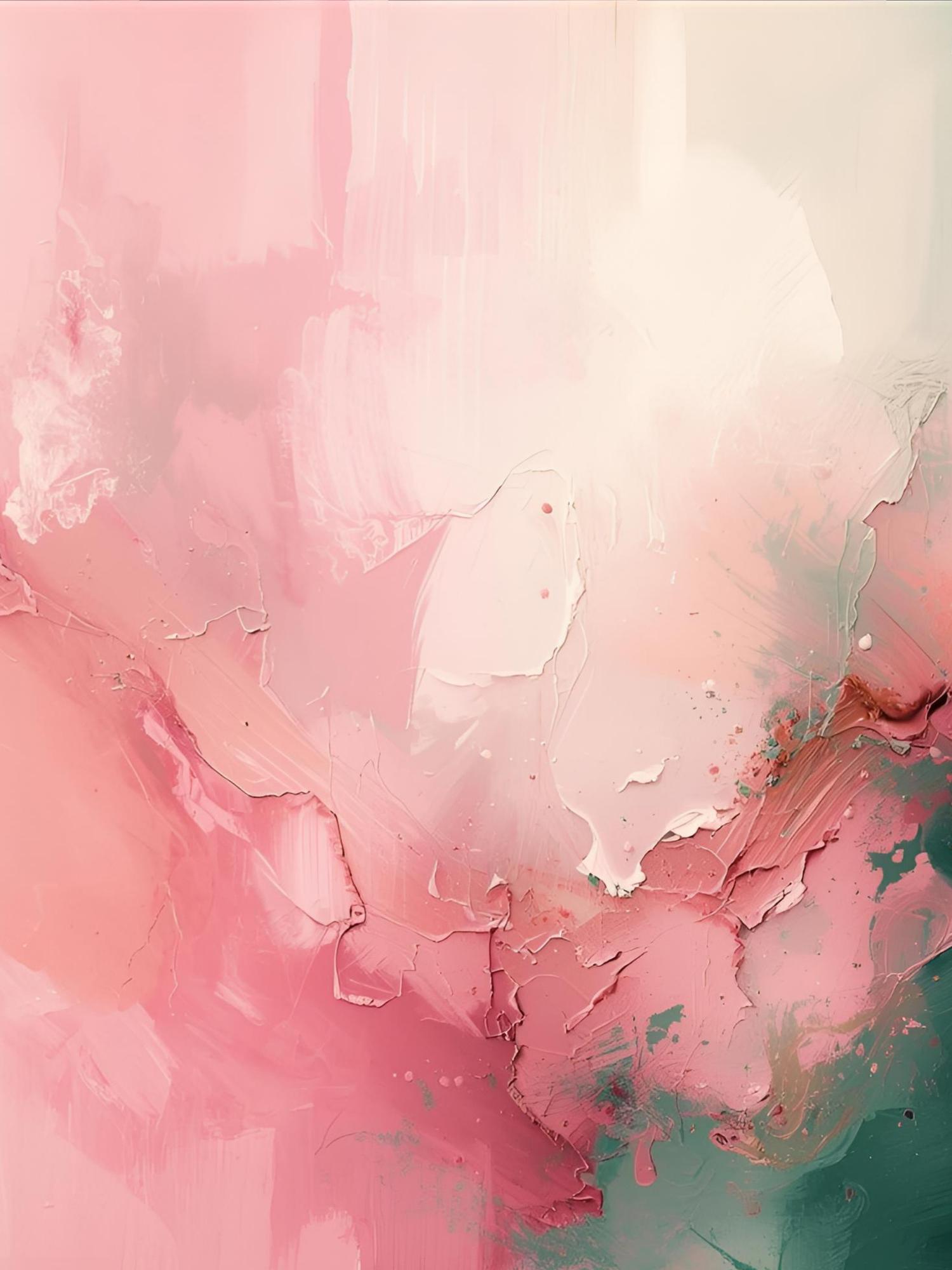 Abstract art with soft pink watercolor tones blending into deep emerald green at the bottom, creating a dreamy fluid effect.