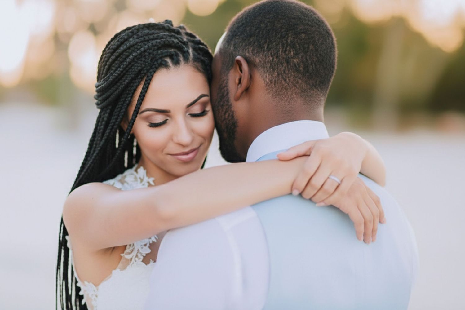 A romantic couple embraces during an outdoor golden hour photo session in elegant wedding attire.