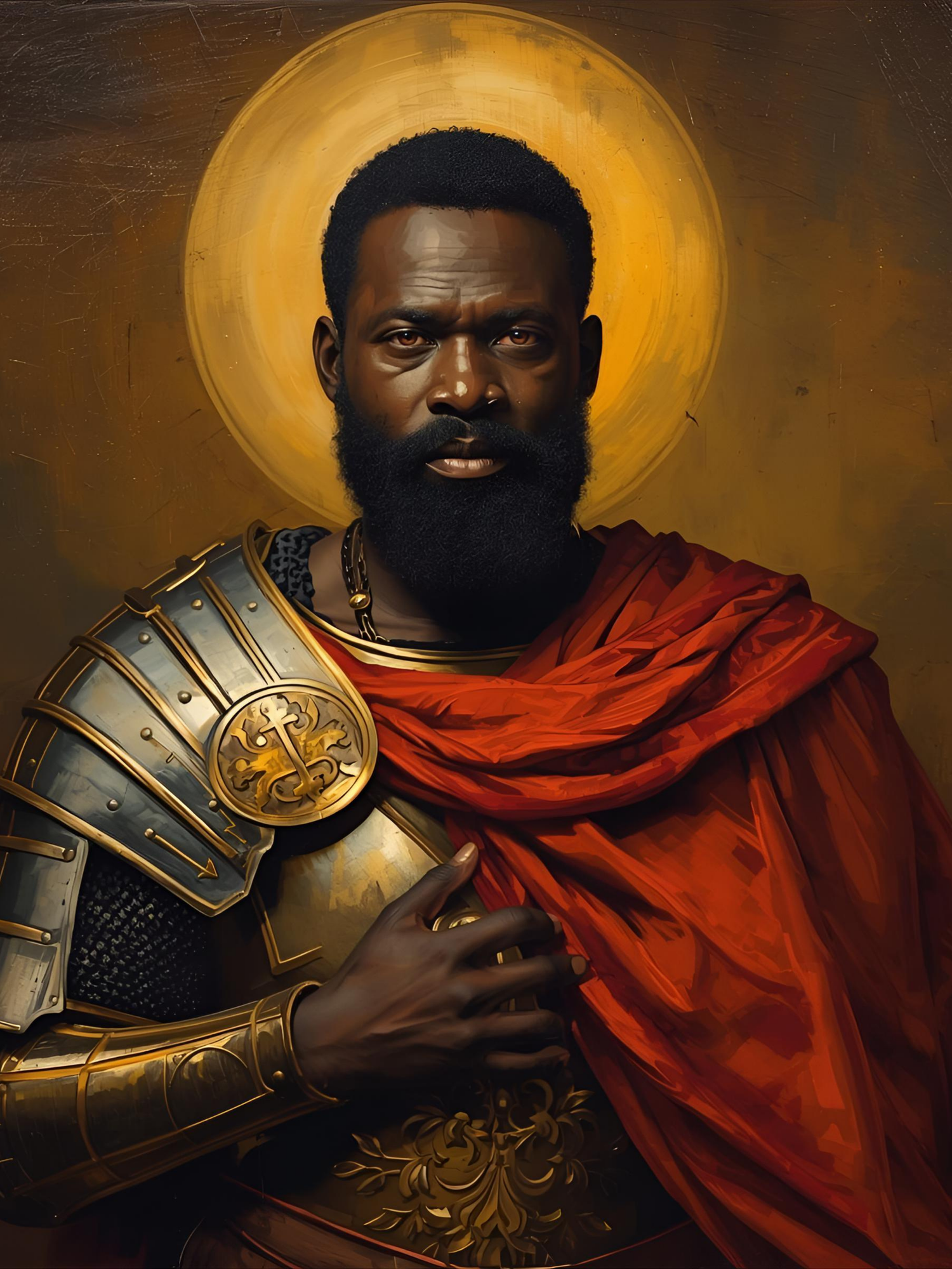 Portrait painting of a figure in golden armor and red cloak against a dark background with glowing halo effect.