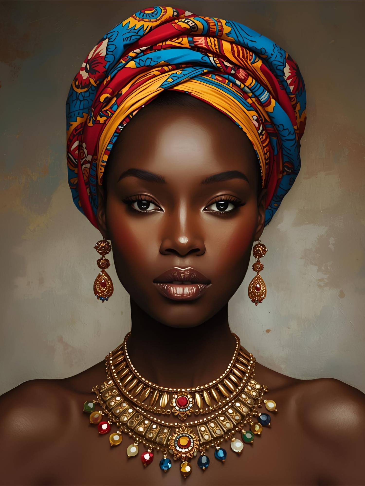 A stunning portrait showcasing traditional African headwrap and ornate gold jewelry with colorful gemstones against a dark background.