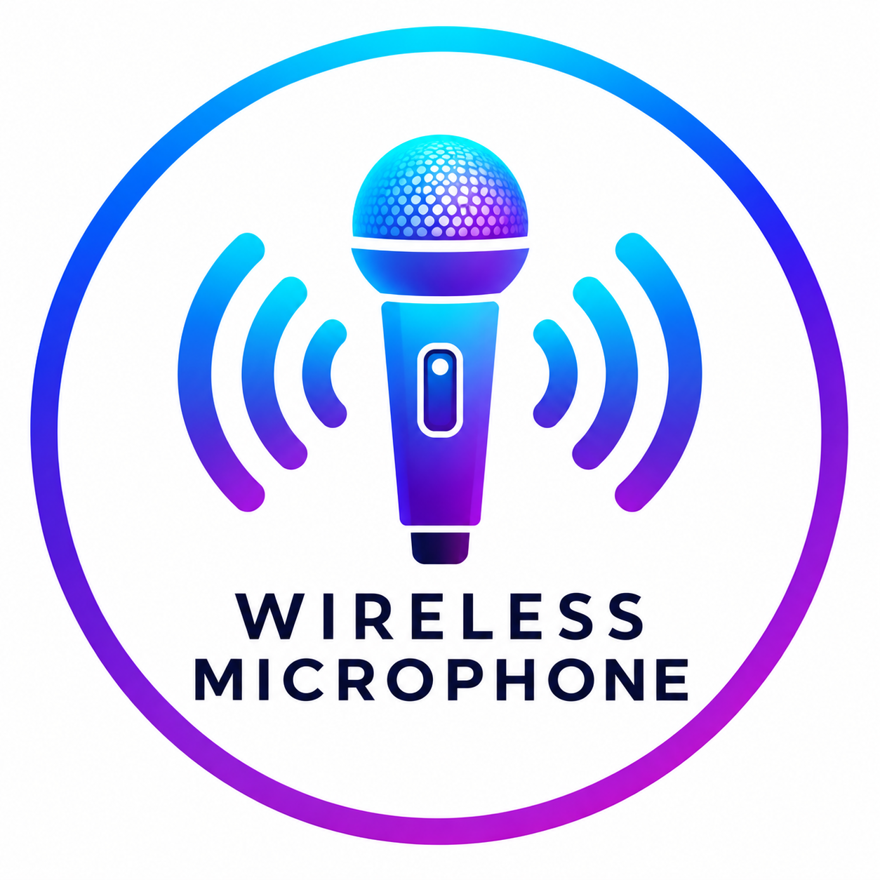 A vibrant wireless microphone logo with blue-purple gradient mic and sound waves inside a circular badge.