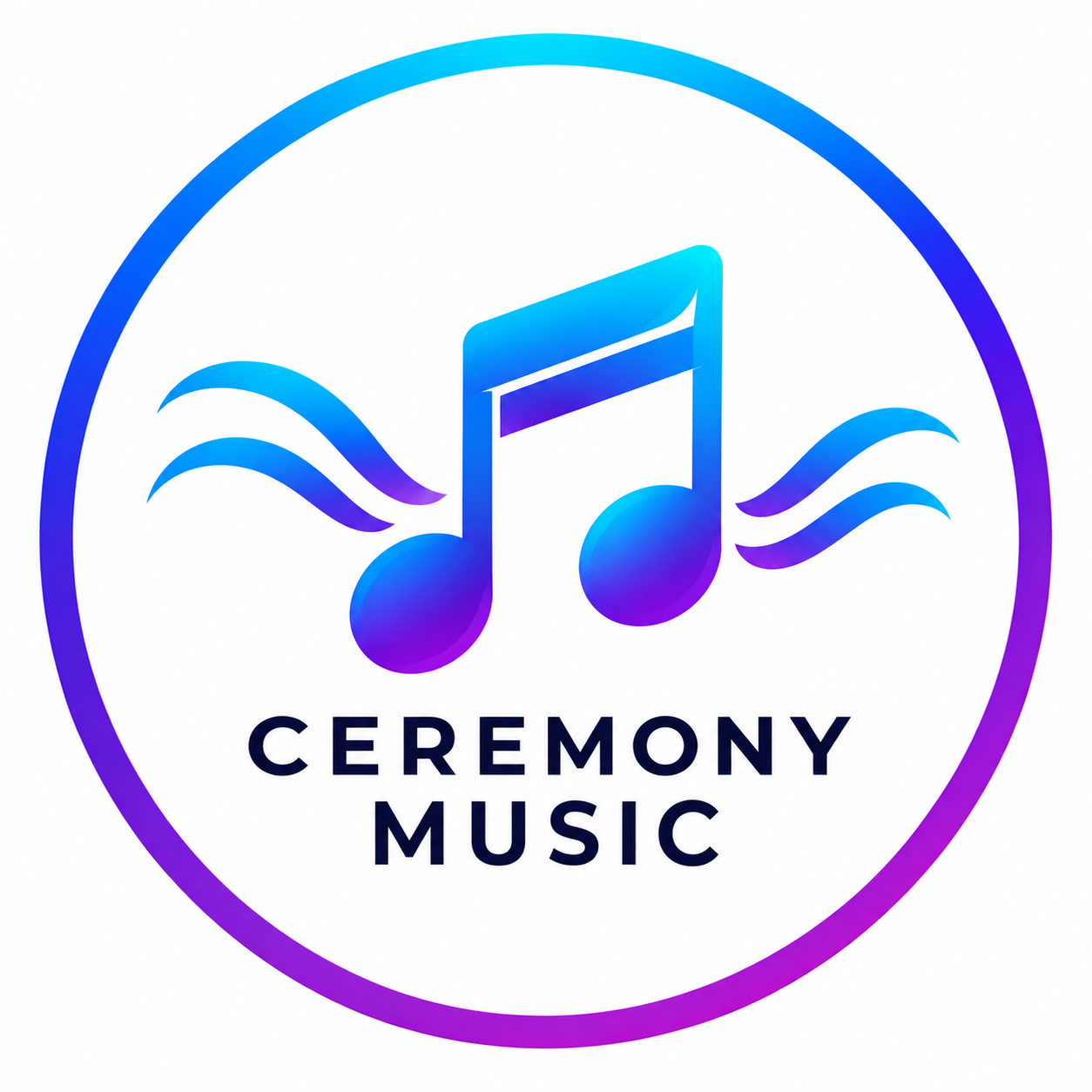 Ceremony Music logo with a blue musical note and wave design inside a gradient purple and blue circle.