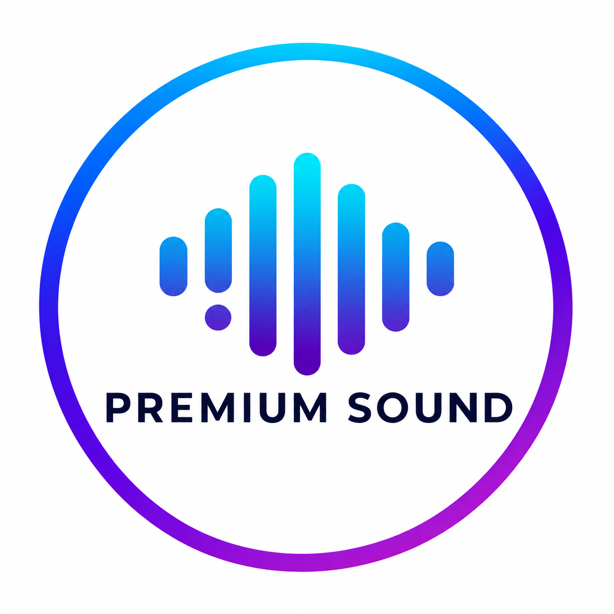 Premium Sound logo featuring a colorful gradient audio waveform icon in blue and purple inside a circular border.
