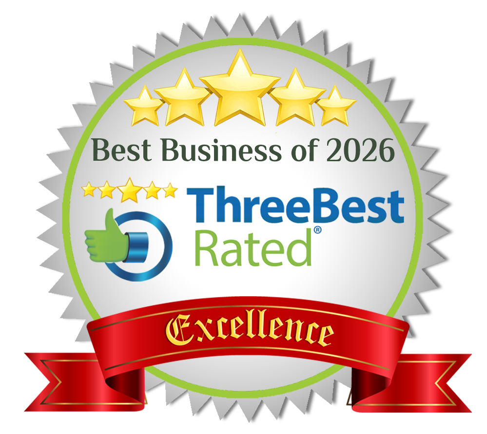 ThreeBest Rated Best Business of 2026 gold seal award badge with five stars and Excellence ribbon banner.