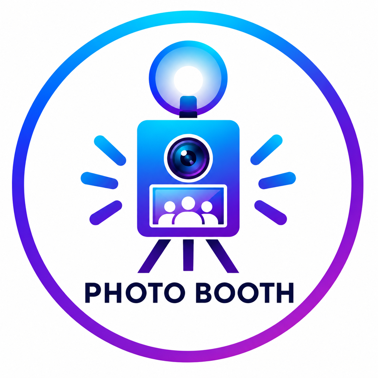 Colorful photo booth logo with blue camera icon, flash bulb, and silhouettes inside a purple gradient circle.
