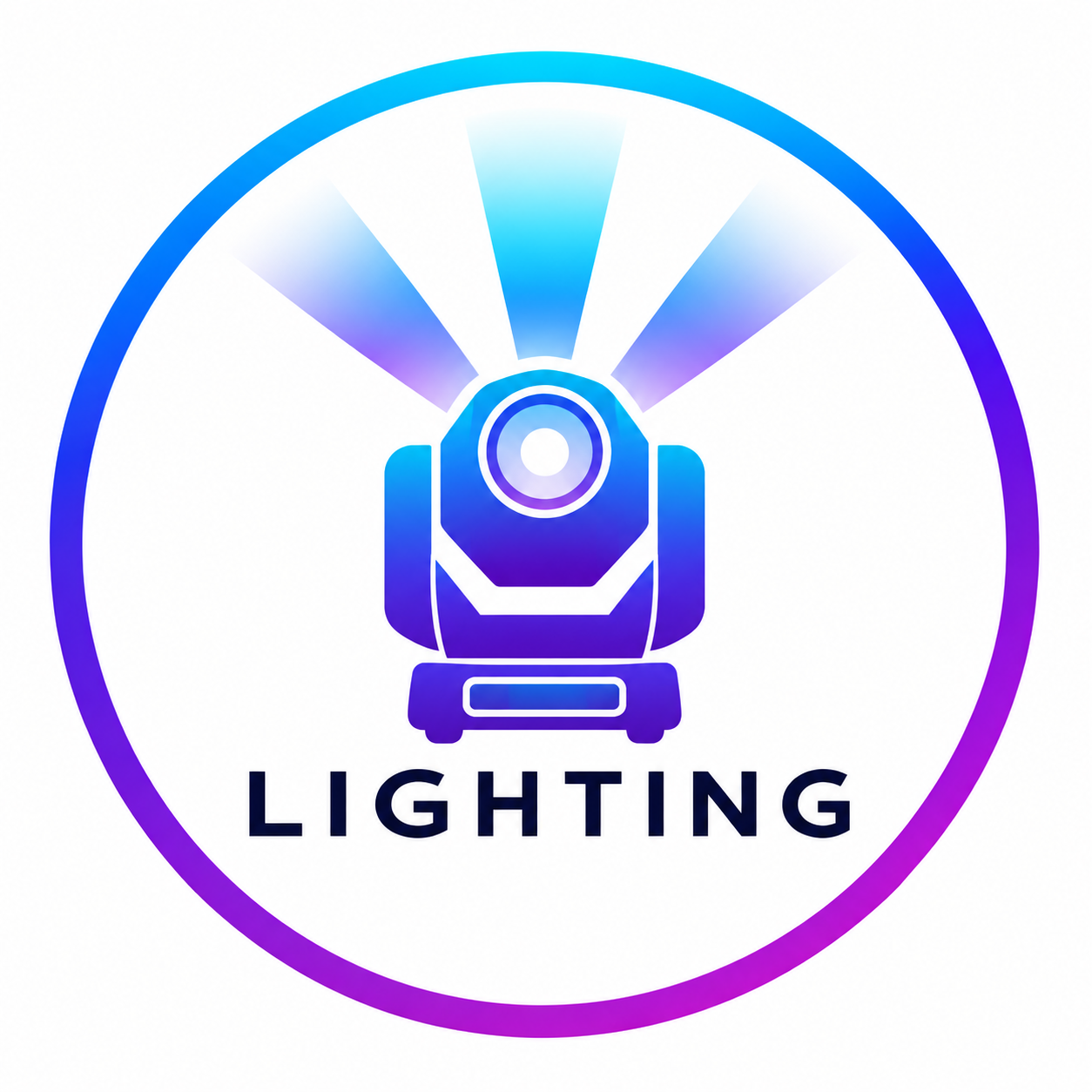 A blue gradient moving head stage lighting fixture with radiant beams, enclosed in a purple-blue circular border with LIGHTING text.