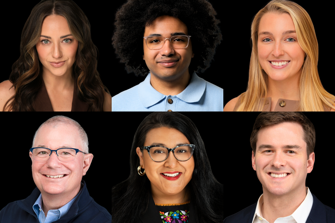 Collage of six professional headshots, three men and women smiling against a dark background.
