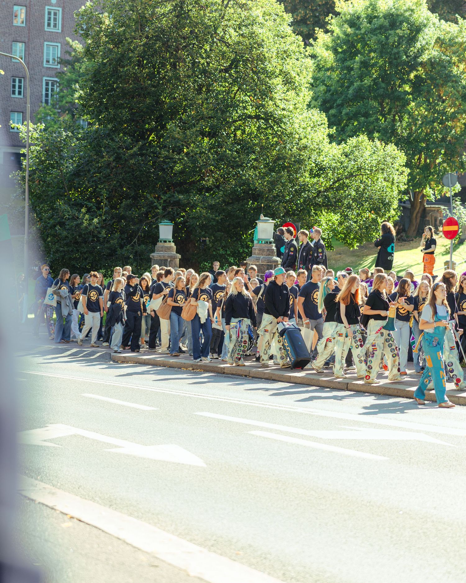 Large group of students in matching black shirts lined up along a crosswalk on a sunny tree-lined street.