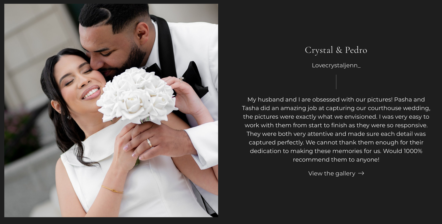 A bride and groom pose elegantly outdoors, she holds a white bouquet, with a wedding testimonial from Crystal and Pedro.