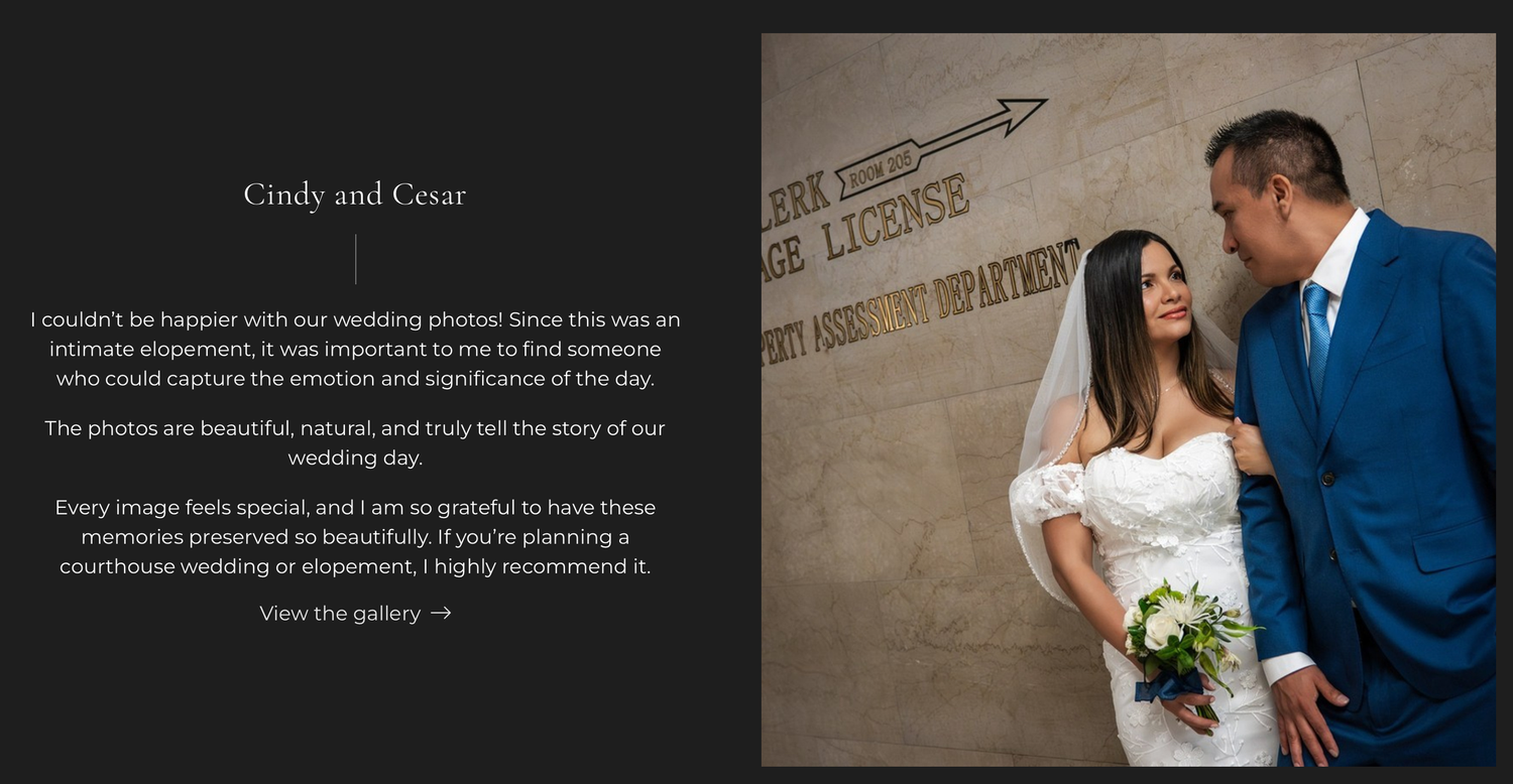 Couple shares intimate moment at courthouse wedding, bride in white dress embraces groom against brick wall with marriage license sign.