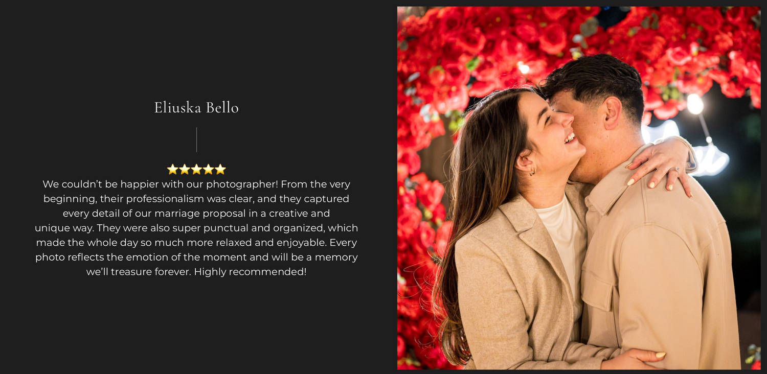 Couple sharing a romantic kiss surrounded by red flowers, with a five-star review from Eluska Bello praising their photographer.