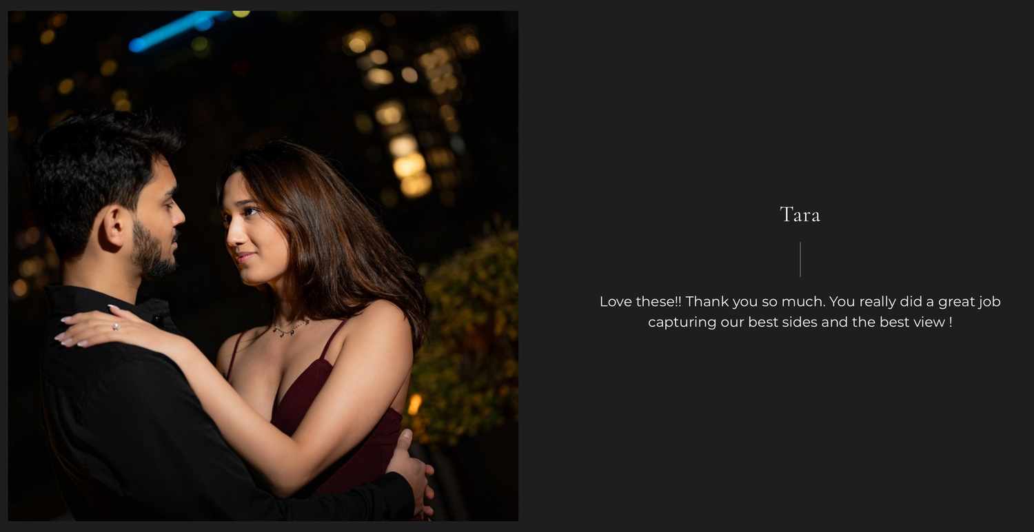 Romantic couple portrait at night, woman in red dress and man in dark outfit sharing an intimate moment outdoors.