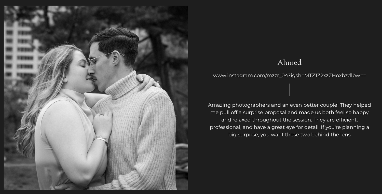 A couple shares a romantic kiss outdoors during an engagement photo session with a city park backdrop.