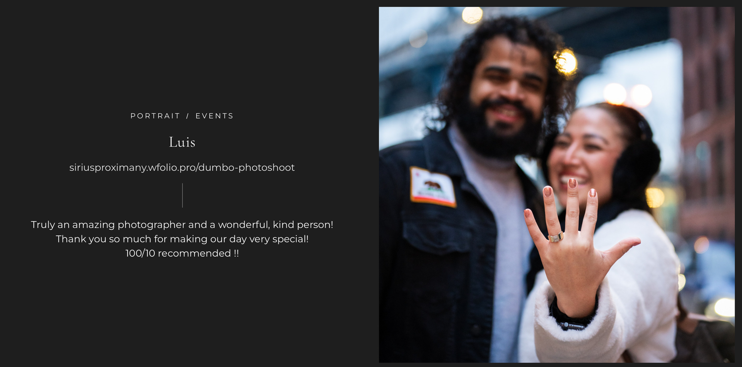 Happy couple smiling at camera with woman showing engagement ring, featured in portrait photography testimonial.