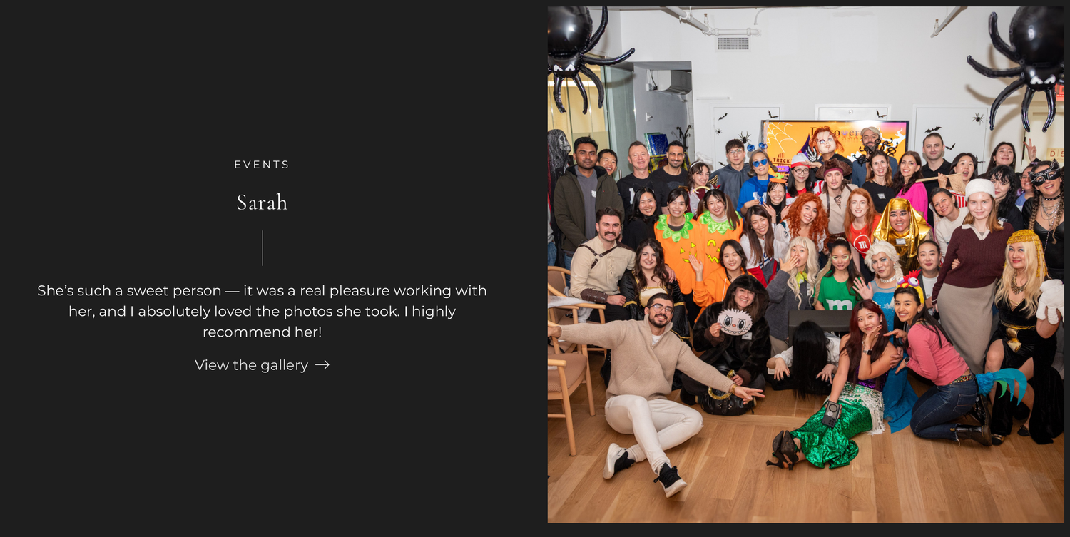 A large group of people in Halloween costumes posing together at a festive event photographed by Sarah.