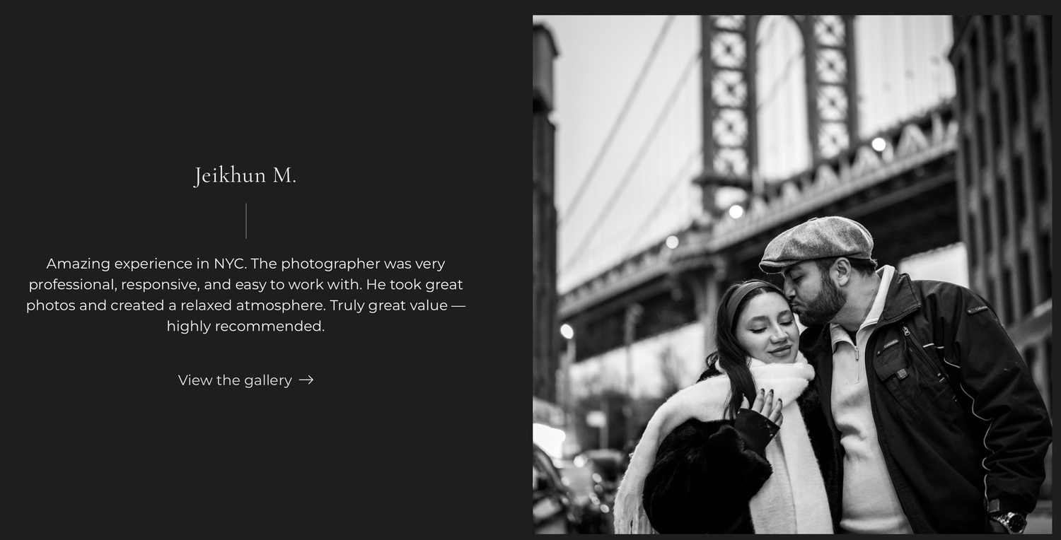 Couple sharing a romantic moment on a NYC street with Manhattan Bridge in the background, black and white photography.