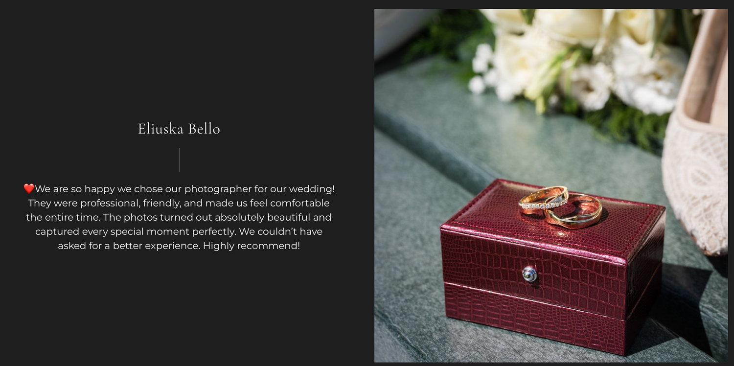 Wedding rings in a red leather box beside a floral arrangement, with a glowing client testimonial from Husika Bello.