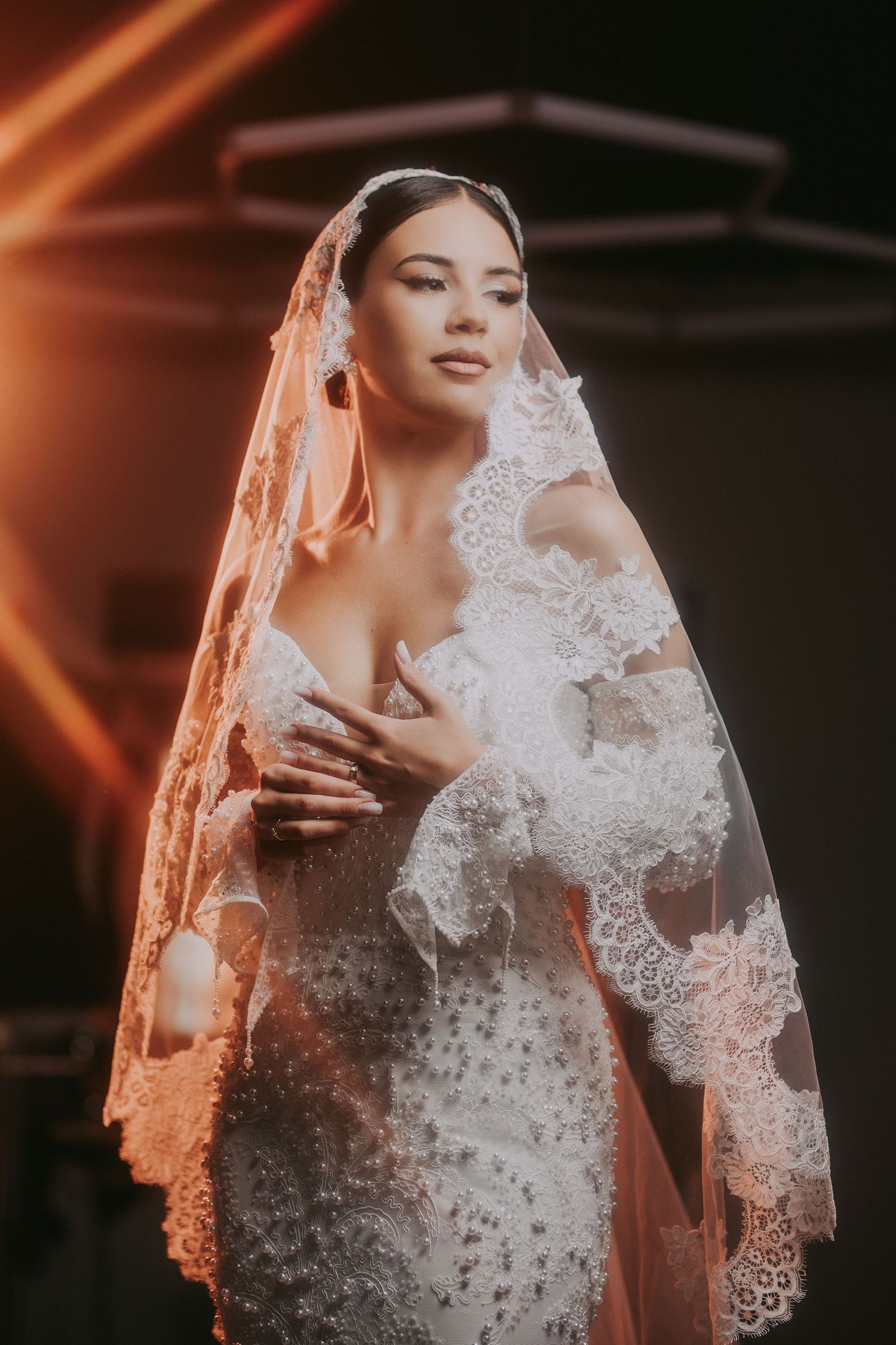 Bride in ornate lace wedding gown and veil with warm golden lighting.