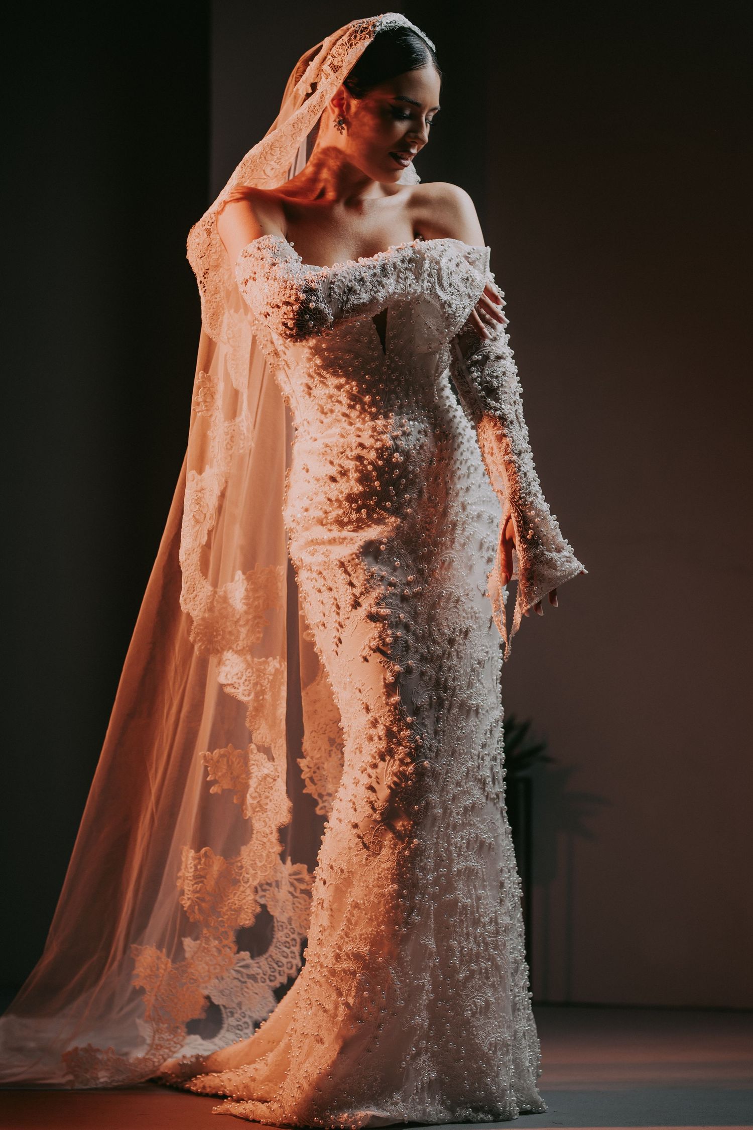 Elegant bride in off-shoulder beaded mermaid dress with lace veil poses gracefully.