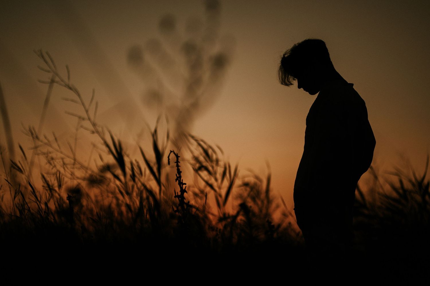 Silhouette of person standing in tall grass field during golden sunset with wildflowers in background.