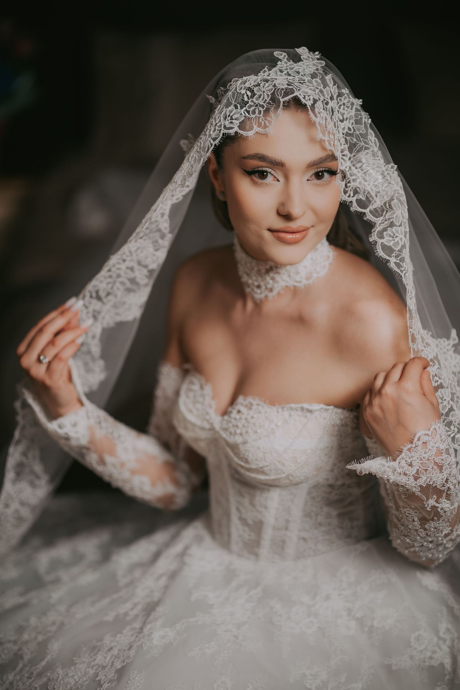 Elegant bride in lace wedding dress and veil posing for portrait.