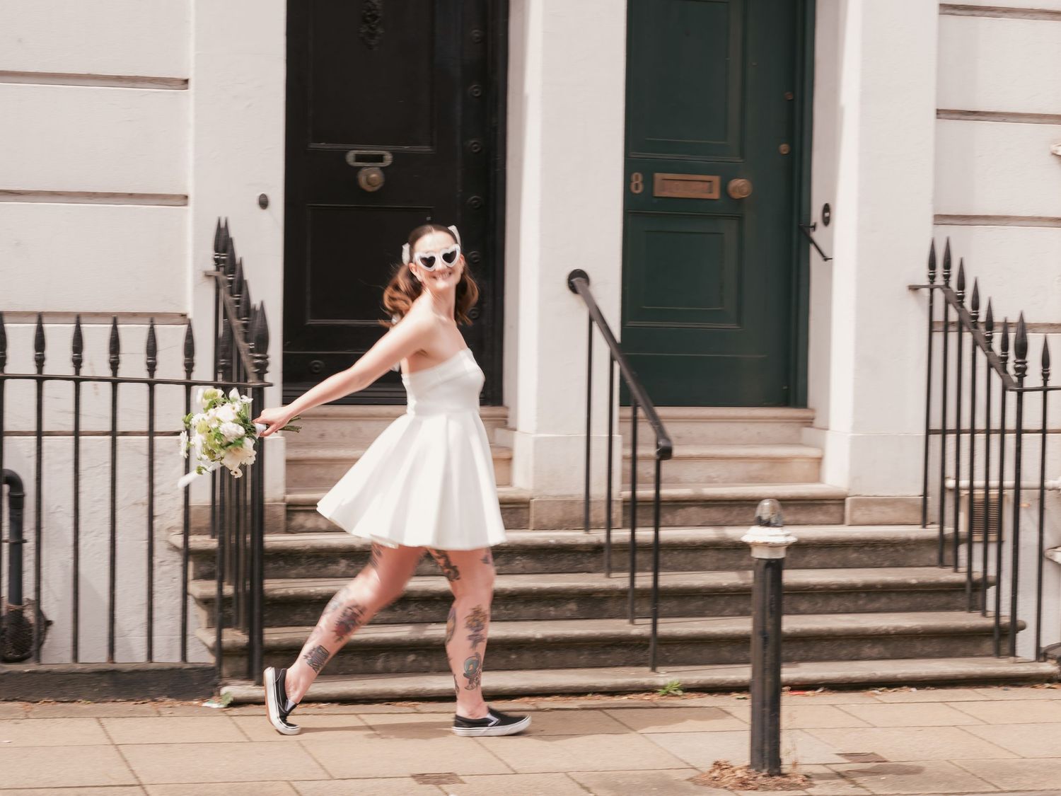 motion blur city bride walking down street