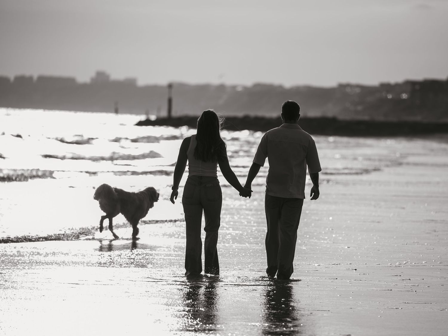 Engaged couple walking at the beach with their dog