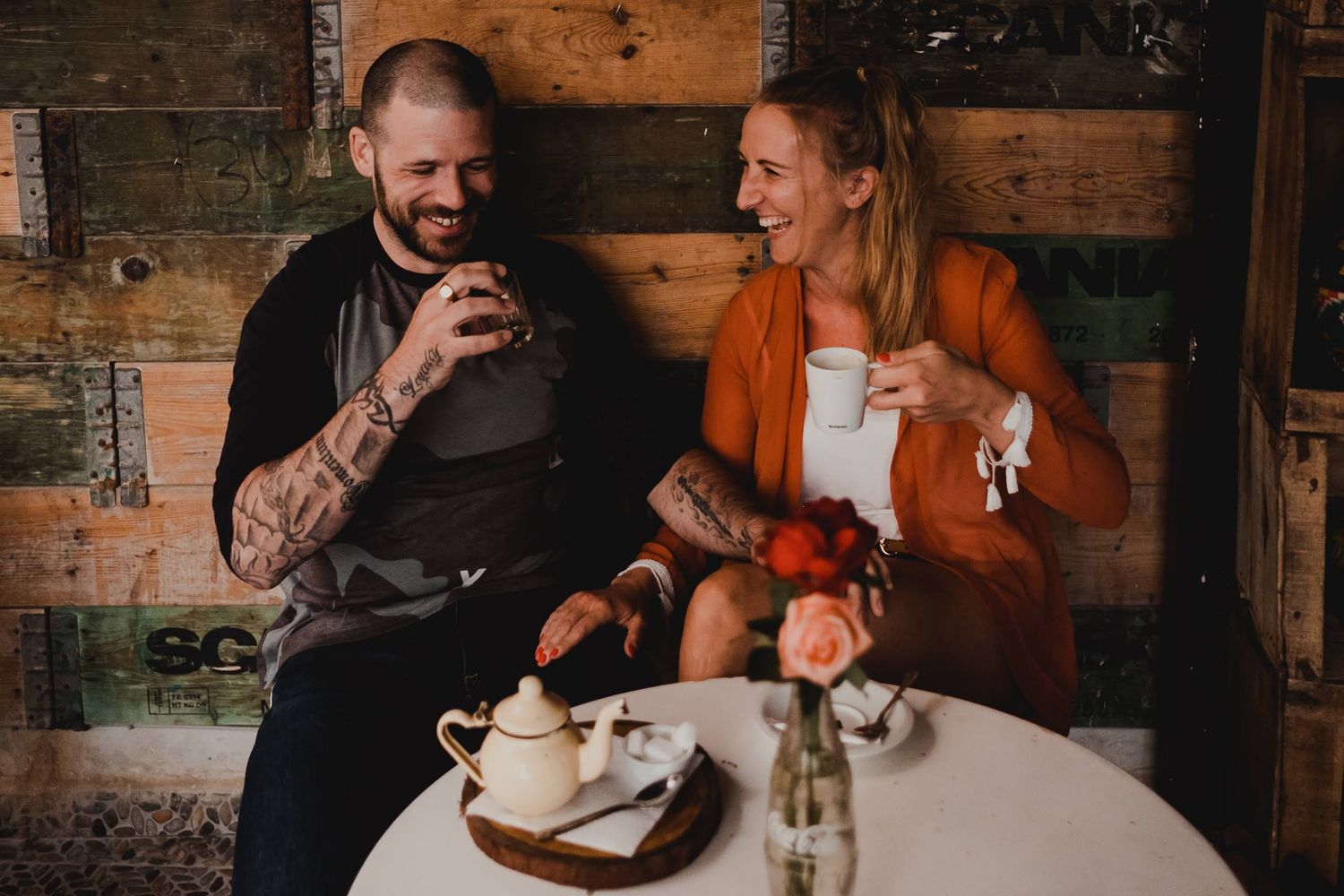 me and husband enjoying a hot drink at a care in Morocco