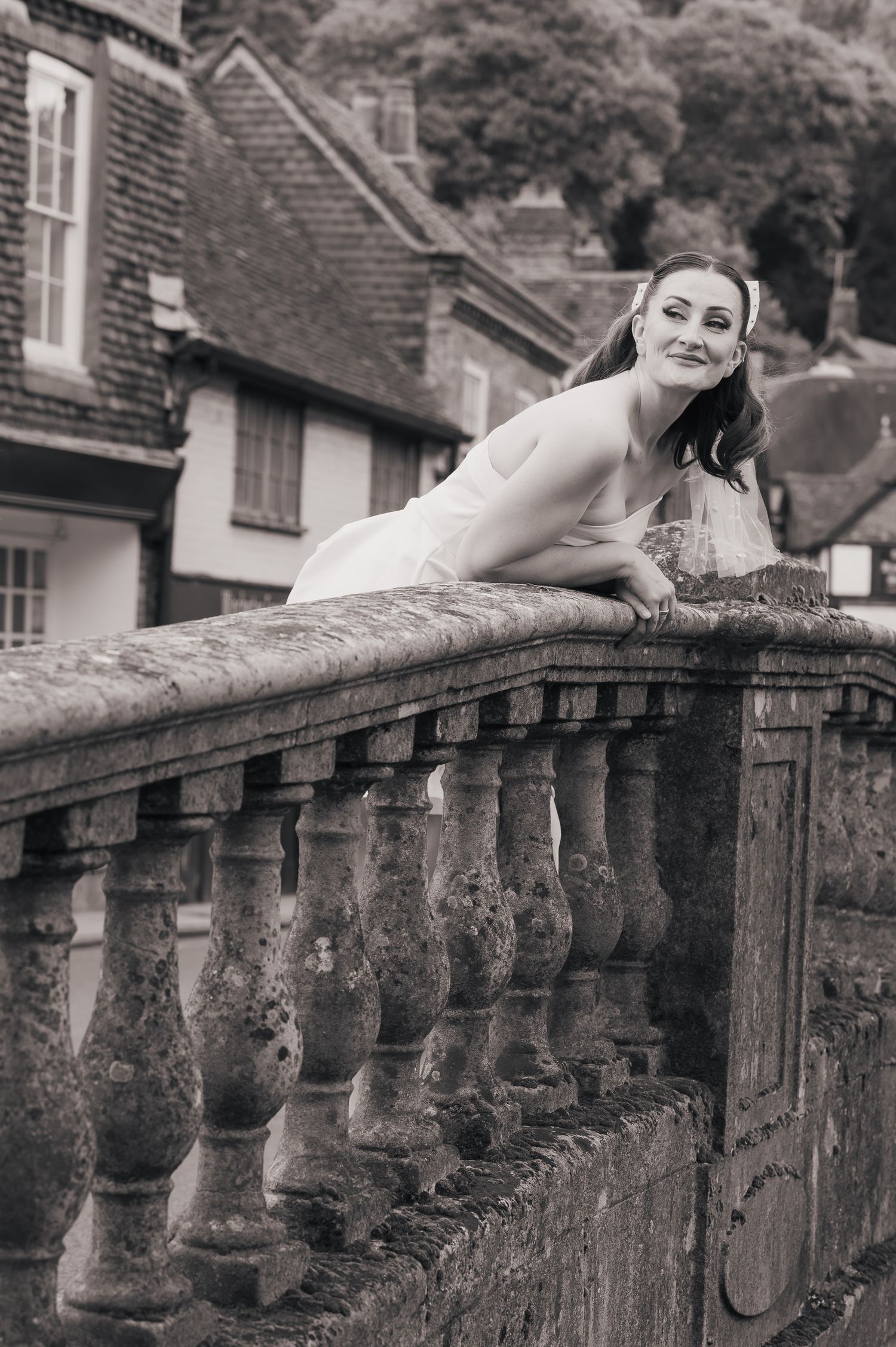 Bridal portrait editorial in Winchester, leaning over bride