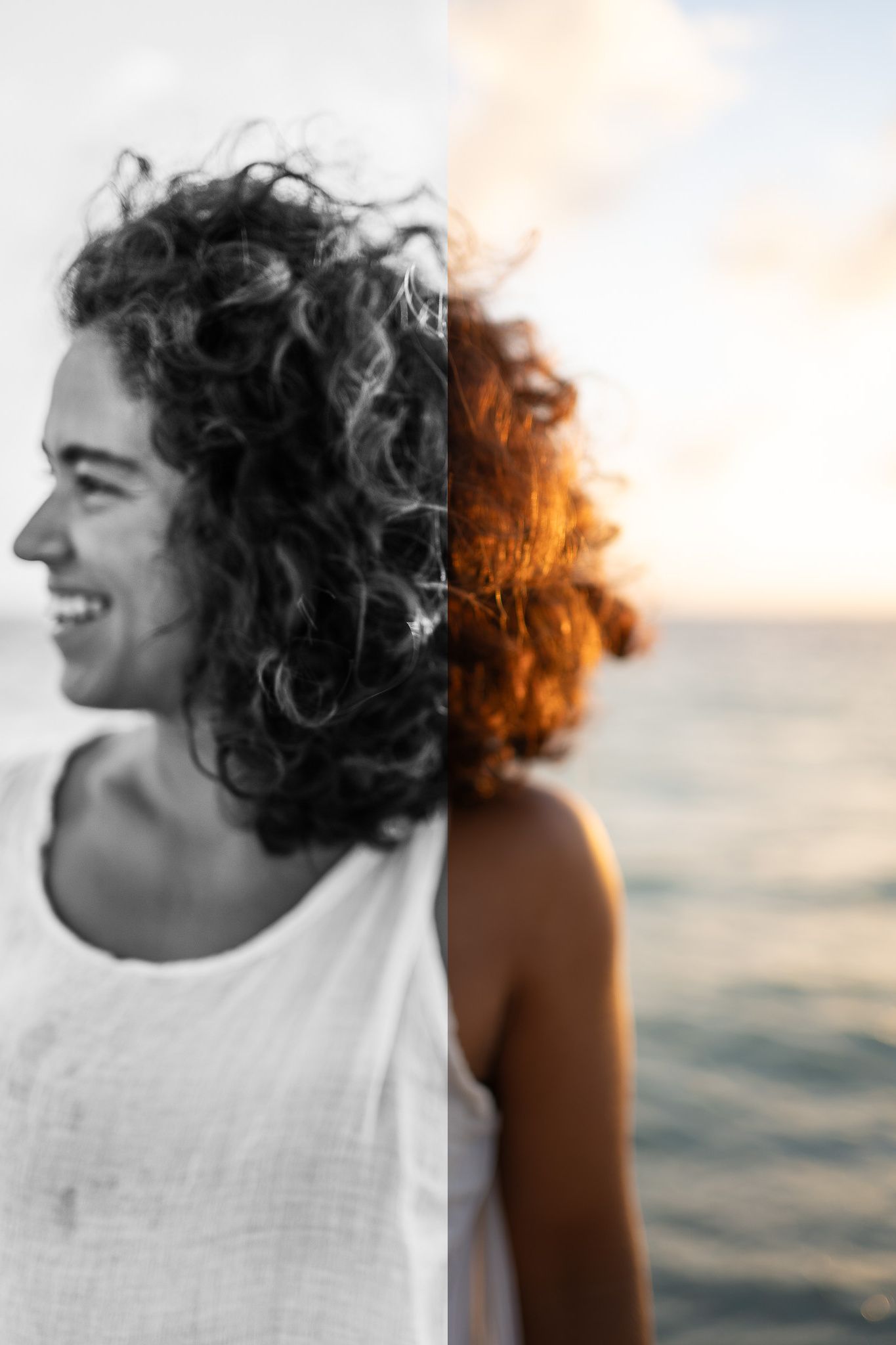 Split photo of a smiling woman with curly hair, shown in black and white and warm sunset color at the ocean.