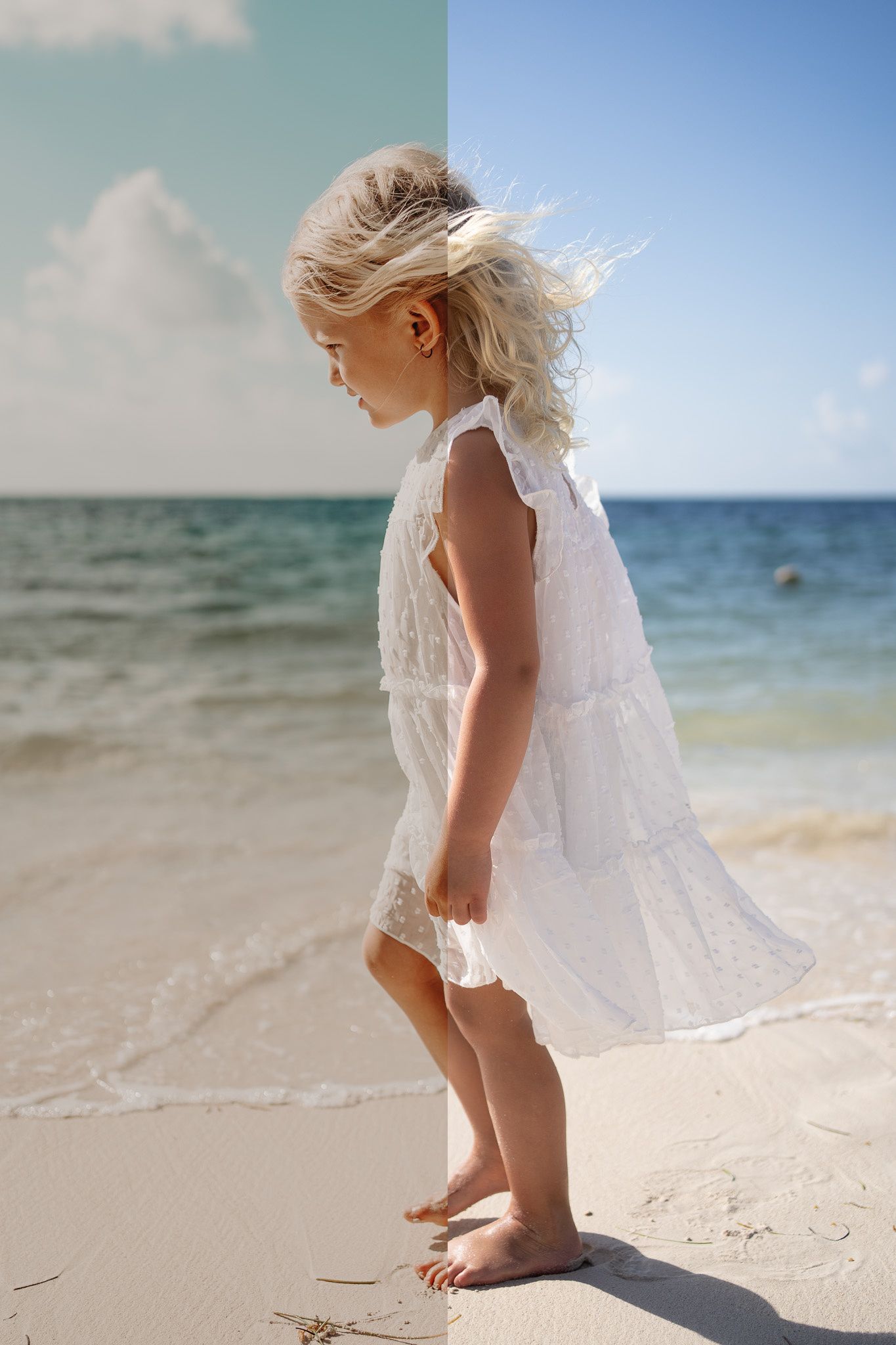 A young blonde girl in a white dress stands barefoot on a sandy beach, with a before-and-after photo edit comparison.