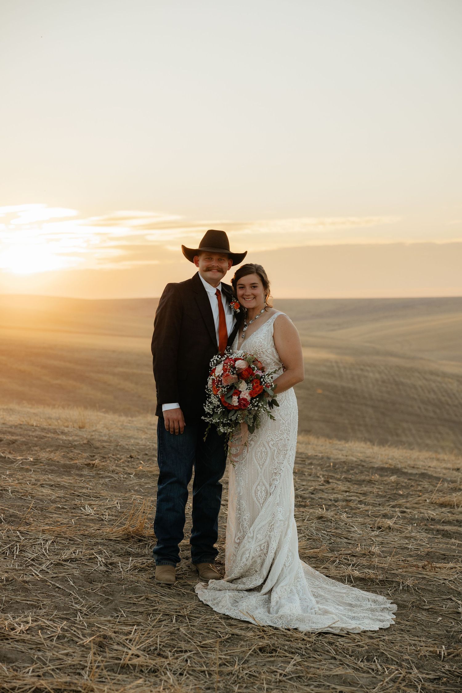 Romantic sunset wedding portrait on Oregon hillside, timeless natural wedding photography