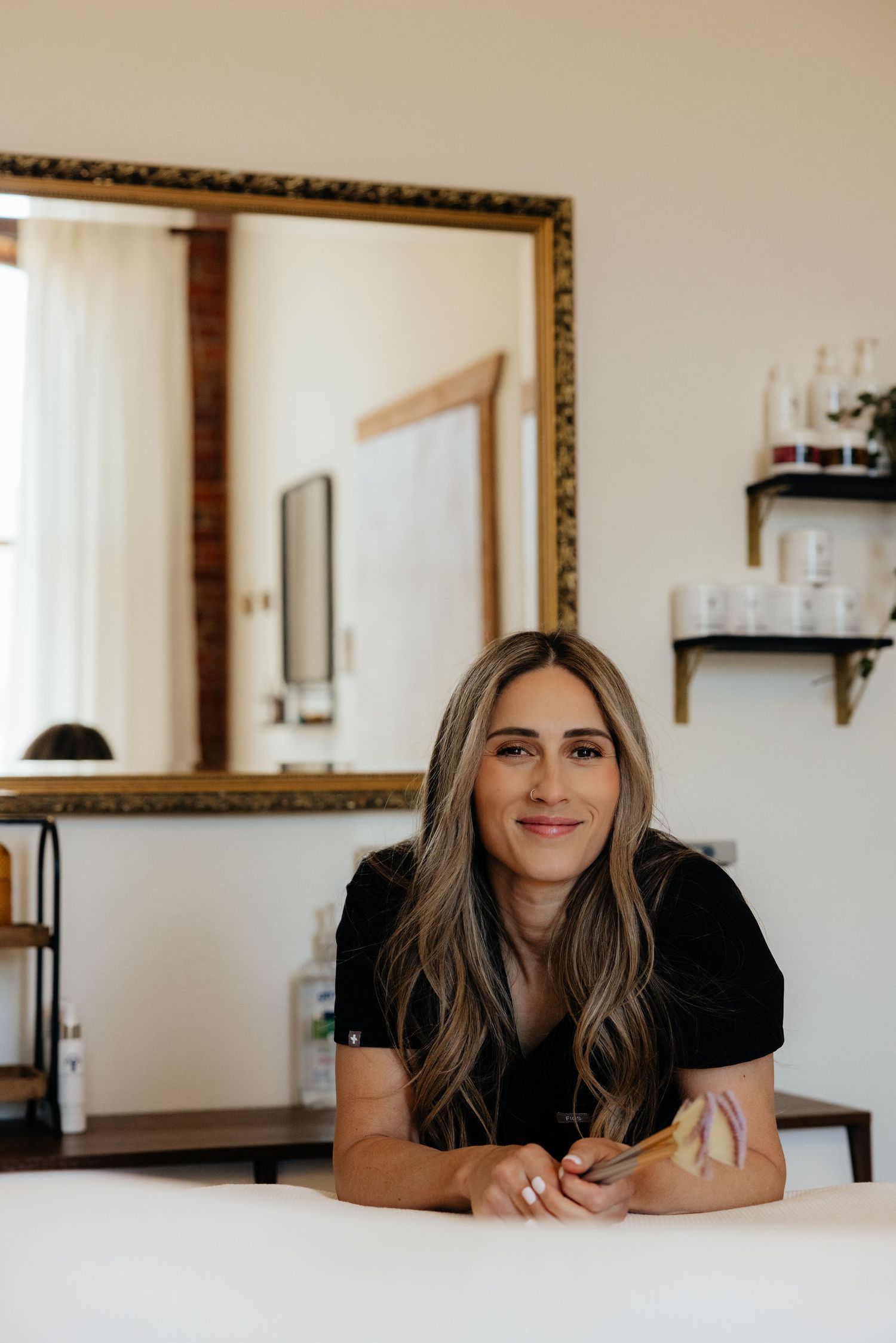 Indoor lifestyle portrait in salon setting, Baker City photography with natural storytelling