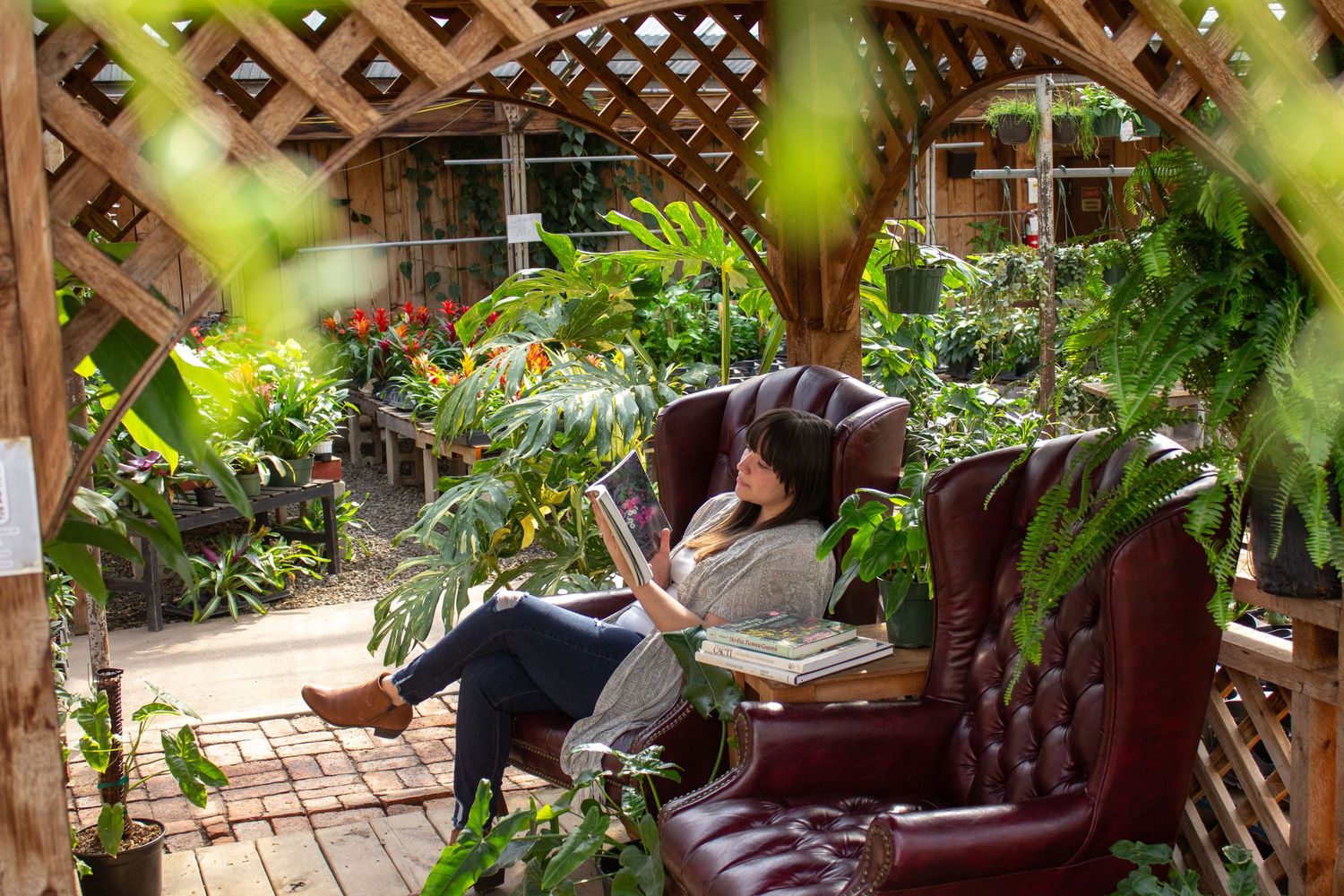 A girl reading a book in a gazebo surrounded by plants.