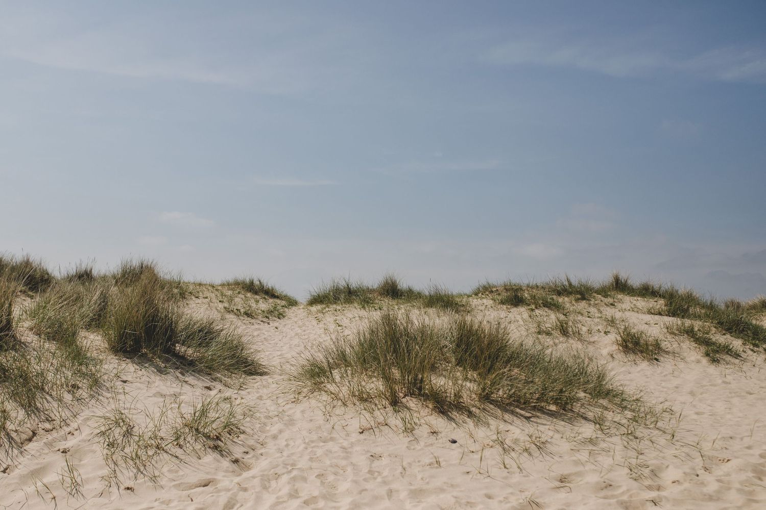 Sandy beach dunes with grass patches stretch toward a blue summer sky.